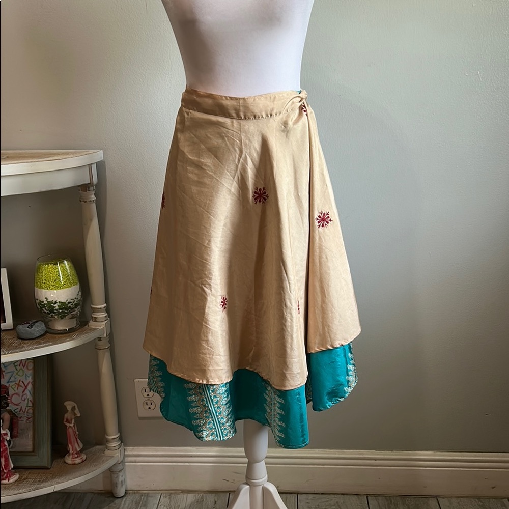 Authentic Silk Bohemian Beige and Teal Layered Skirt - One Size